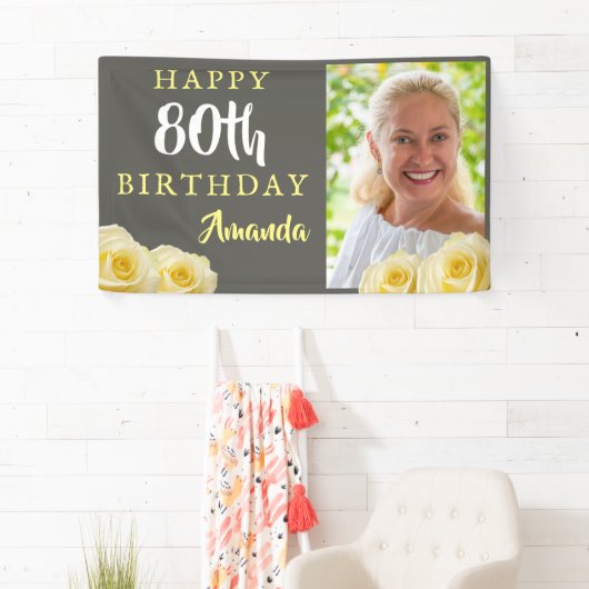 Gele rozenbloem 80e verjaardag Foto Spandoek (Insitu)