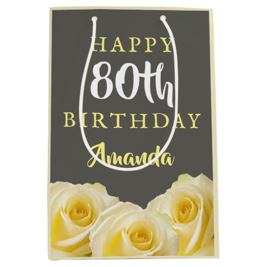 Gele rozenbloem 80e verjaardag medium cadeauzakje (Voorkant)
