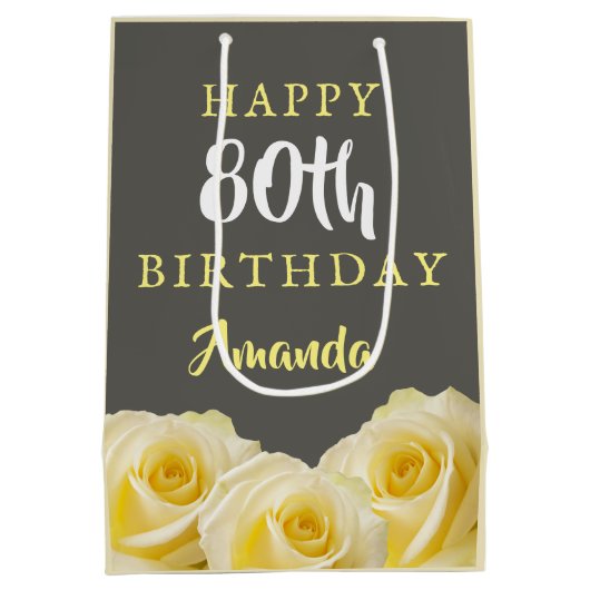 Gele rozenbloem 80e verjaardag medium cadeauzakje (Achterkant)