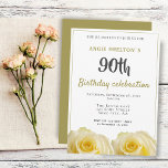 Gele rozenbloem 90e verjaardag kaart<br><div class="desc">Gele Rose Flower 90th Birthday Party Invitation. Moderne uitnodiging van het 90ste verjaardagsfeest voor haar. Uitnodiging met mooie gele rozen. Ideaal voor een vrouw die haar negentigste verjaardag viert. Nodig uit voor een verjaardagsfeest van 90 jaar.</div>