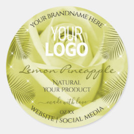 Gele rozenbloem Etiketten op palmbladeren Logo