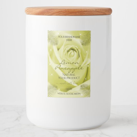 Gele rozenbloem met palmbladeren voedselcontainer etiket (Voorkant)