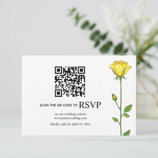 Gele rozenbloemen QR code bloemenbruiloft RSVP Kaartje (Staand voorkant)