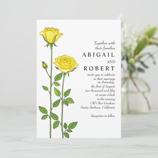 Gele rozenbloemen romantische bloemenbruiloft kaart (Staand voorkant)