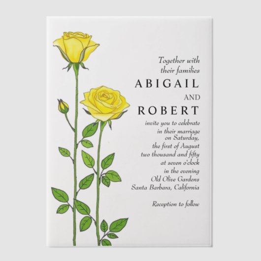 Gele rozenbloemen romantische bloemenbruiloft vellum uitnodigingen (Voorkant)