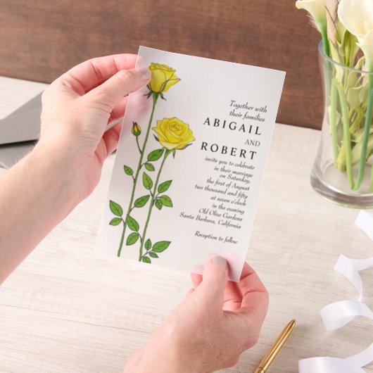 Gele rozenbloemen romantische bloemenbruiloft vellum uitnodigingen (Draagbaar)