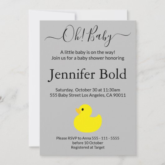 Gele Rubber Duck Baby shower Uitnodiging (Voorkant)