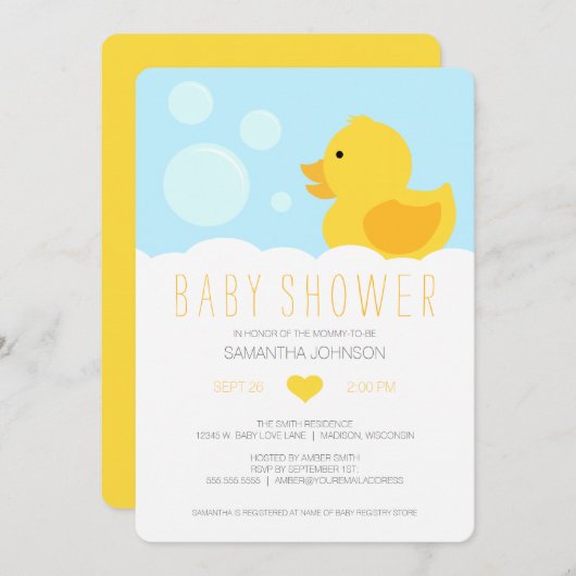 Gele Rubber Ducky Baby shower Uitnodiging (Voorkant / Achterkant)