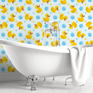 Gele Rubber Eenden Op Blauw Met Blauwe Bellen Kind Behang