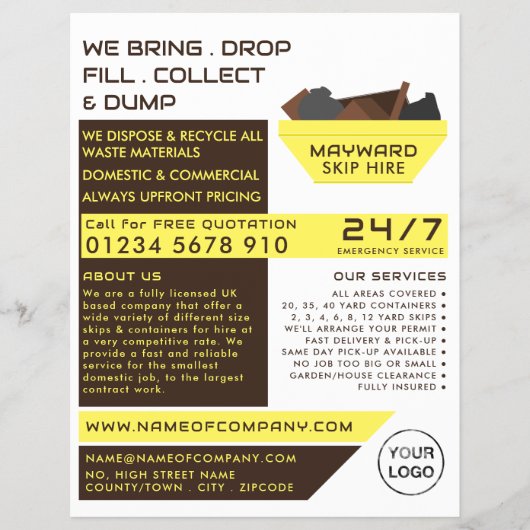 Gele rubber Skip Design, Skip/Dumpster Company Flyer (Voorkant)