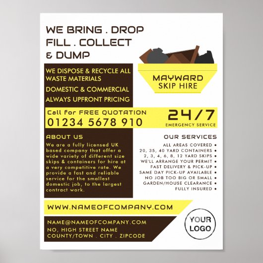 Gele rubber Skip Design, Skip/Dumpster Company Poster (Voorkant)