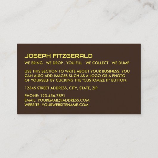 Gele rubber Skip Design, Skip/Dumpster Company Visitekaartje (Achterkant)