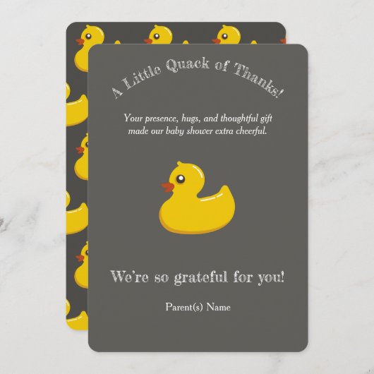 Gele rubbereend baby shower - Dank u wel Kaart (Voorkant / Achterkant)