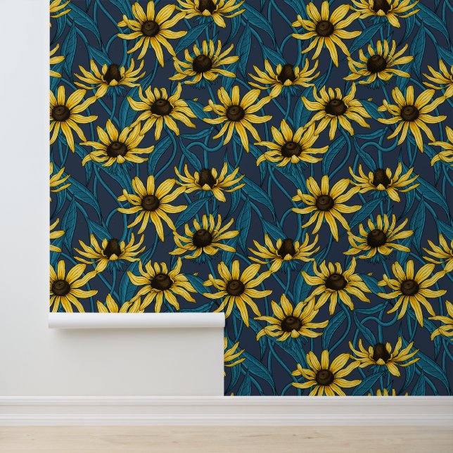 Gele Rudbekia op marine Behang (Applicatie)