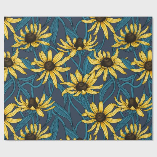 Gele Rudbekia op marine Cadeaupapier (Vlak)