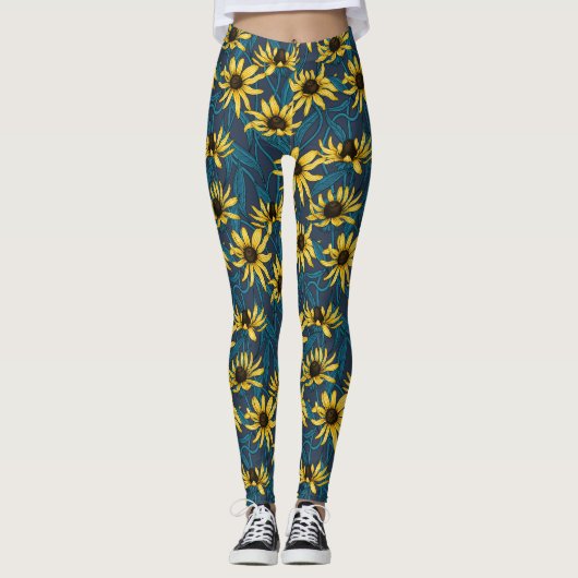 Gele Rudbekia op marine Leggings (Voorkant)