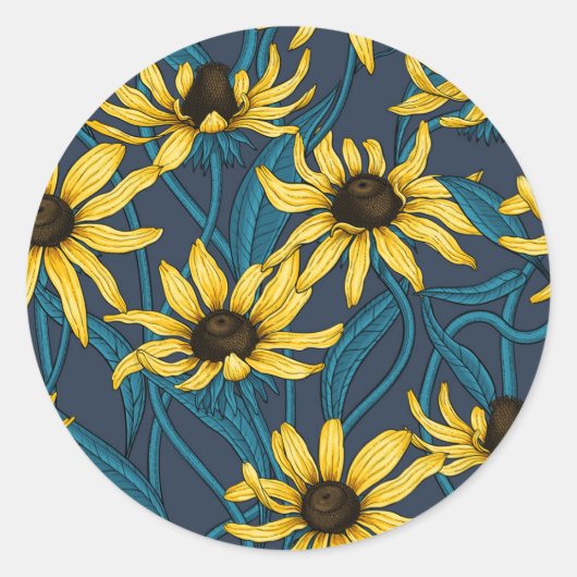 Gele Rudbekia op marine Ronde Sticker (Voorkant)