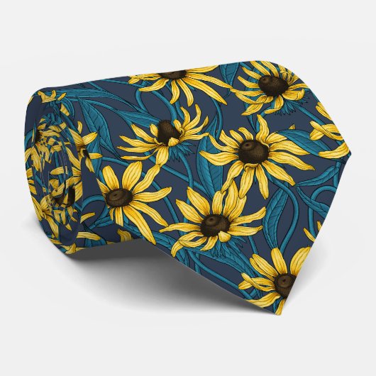 Gele Rudbekia op marine Stropdas (Opgerold)