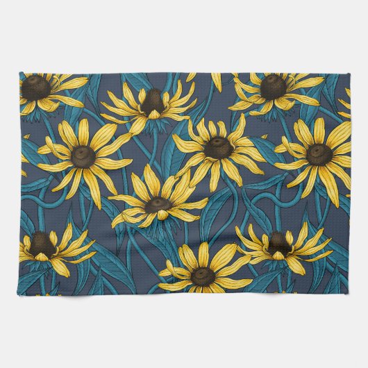 Gele Rudbekia op marine Theedoek (Horizontaal)