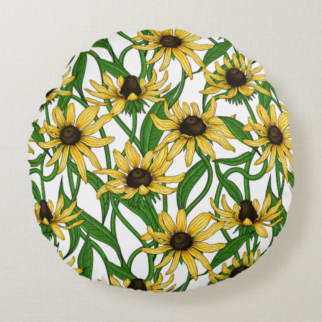 Gele Rudbekia op wit Rond Kussen (Voorkant)