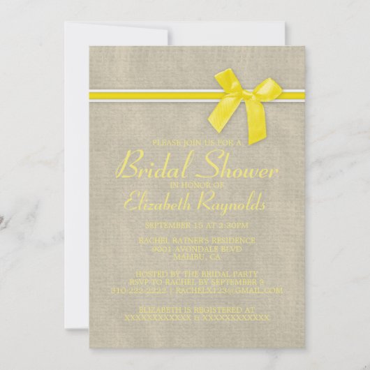Gele Rustic Burlap Bridal Shower Invitations Kaart (Voorkant)