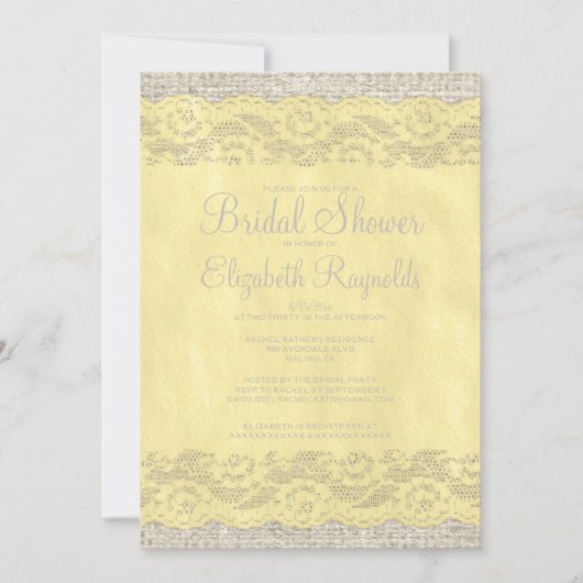 Gele Rustic Lace Bridal Shower Invitations Kaart (Voorkant)