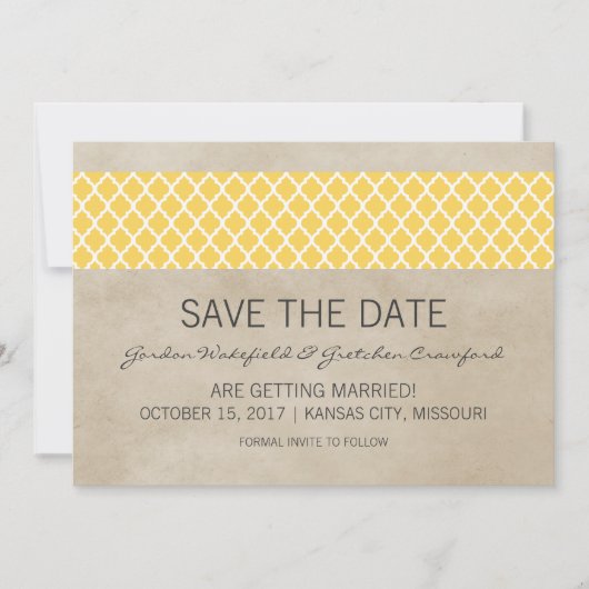 Gele Rustieke Quatrefoil Save the Date Uitnodiging (Voorkant)