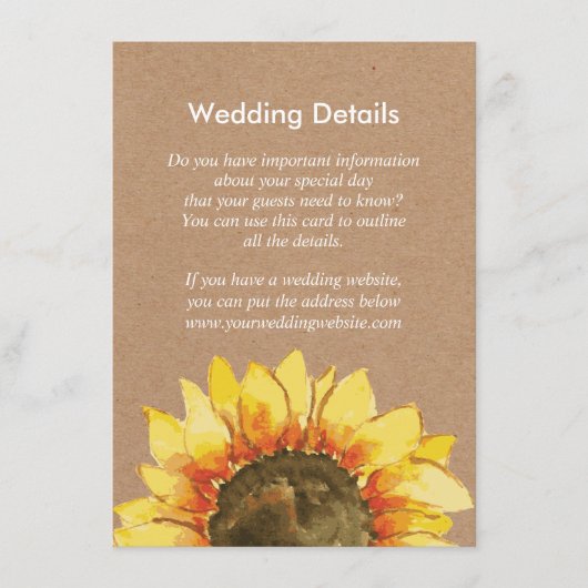 Gele Rustieke Zonnebloem Bruiloft Receptie Details Informatiekaartje (Voorkant)