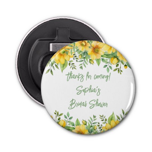 Gele Sage Groene Bloemen Bloemendouche Favorieten Button Flesopener (Voorkant)