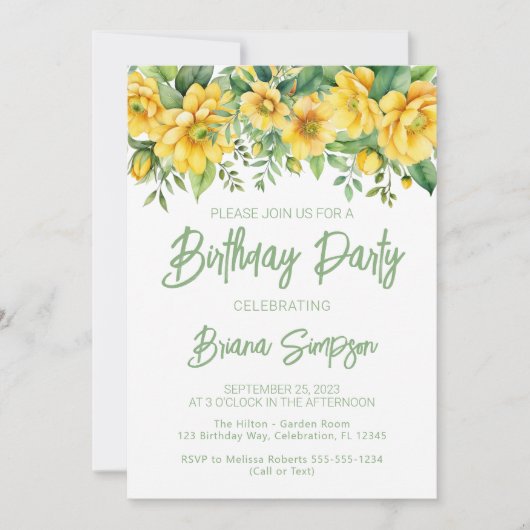 Gele Sage Groene Bloemen Verjaardagsfeest Kaart (Voorkant)