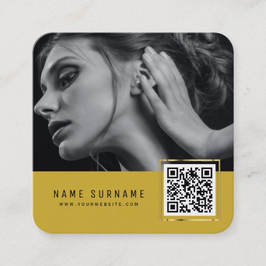 Gele scannbare streepjescode QR-codefoto Vierkante Visitekaartje (Voorkant)