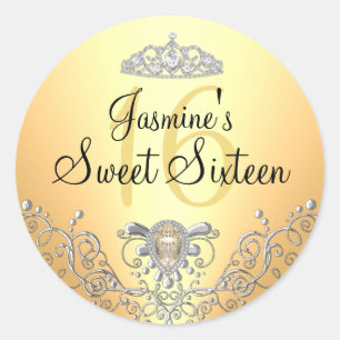 Gele schitterende edelsteen & tiara Sweet Sixteen  Ronde Sticker