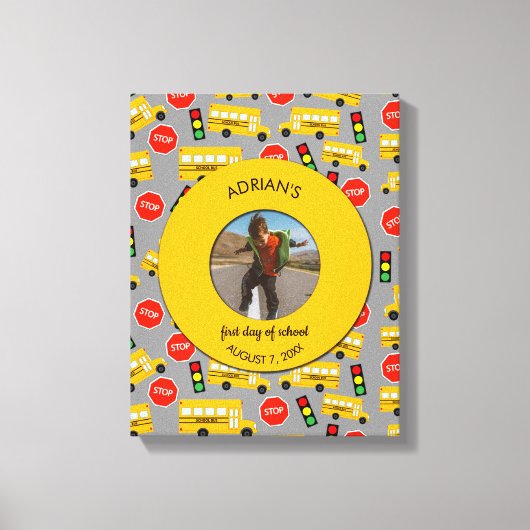 Gele School Bus Eerste Dag Aangepaste Foto van Sch Canvas Afdruk (Voorkant)