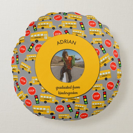 Gele school Bus Kindergarten Afstuderen Rond Kussen (Voorkant)
