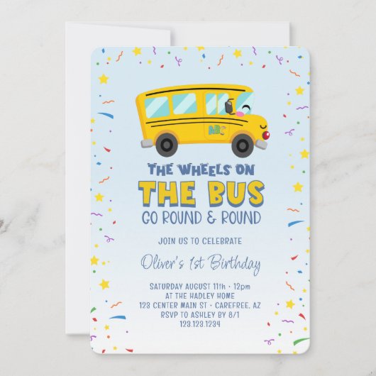 Gele schoolbus 1e verjaardag kaart (Voorkant)