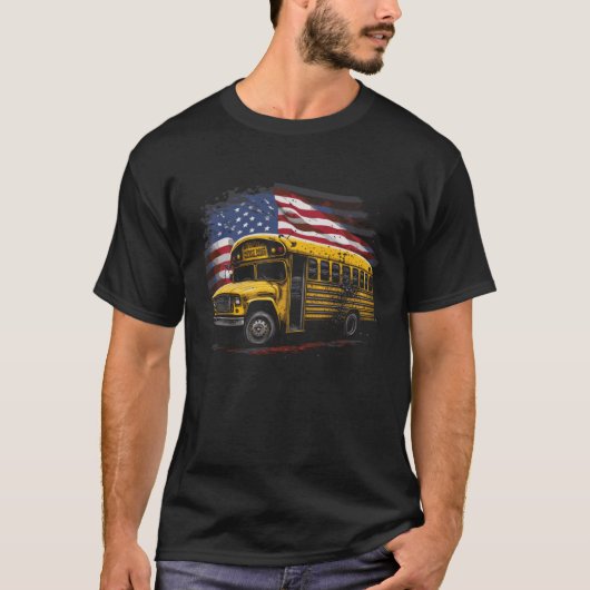 Gele schoolbus chauffeur op Amerikaanse vlag T-shirt (Voorkant)