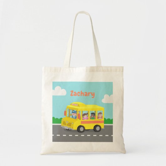 Gele schoolbus en Happy Kinder Canvas tas (Voorkant)