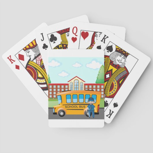 Gele schoolbus met bestuurder en schoolgebouw pokerkaarten (Achterkant)