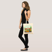 Gele schoolbus met bestuurder en schoolgebouw tote bag