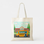 Gele schoolbus met bestuurder en schoolgebouw tote bag (Achterkant)