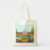 Gele schoolbus met bestuurder en schoolgebouw tote bag (Voorkant)
