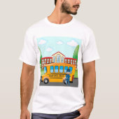 Gele schoolbus met chauffeur en schoolgebouw t-shirt (Voorkant)