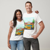 Gele schoolbus met chauffeur en schoolgebouw t-shirt (Unisex)