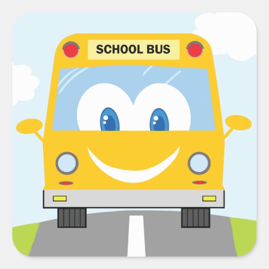 Gele schoolbus met glimlach vierkante sticker (Voorkant)