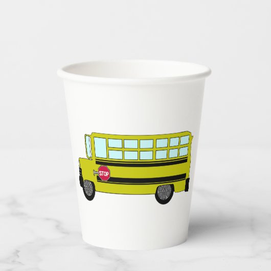 Gele schoolbus met stopbord papieren bekers (Voorkant)
