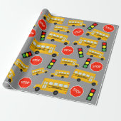 Gele schoolbus Stop Sign Traffic Lights Patroon Cadeaupapier (Uitgerold)