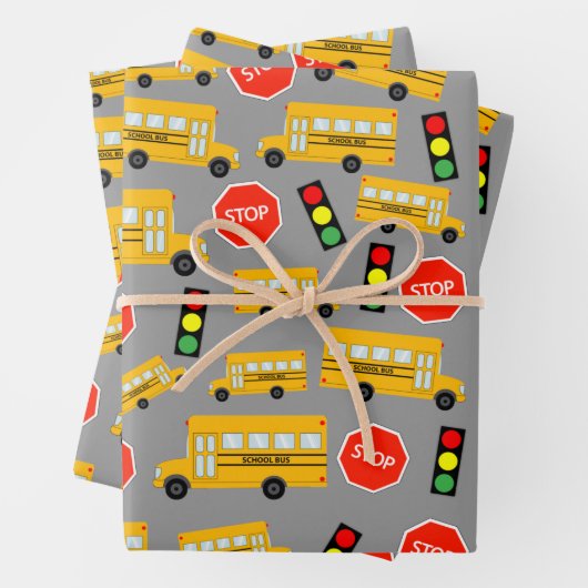 Gele schoolbus Stop Sign Traffic Lights Patroon Inpakpapier Vel (In situ)