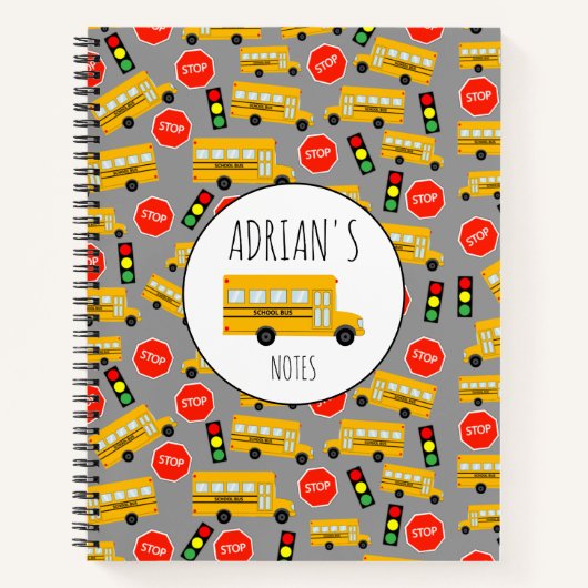 Gele schoolbus Stop Sign Traffic Lights Patroon Notitieboek (Voorkant)