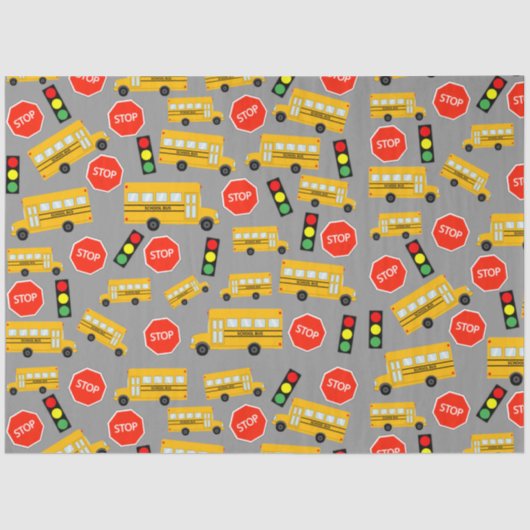 Gele schoolbus Stop Sign Traffic Lights Patroon Tissuepapier (Voorkant)