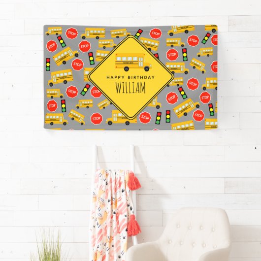 Gele schoolbus stoppen verkeerslicht spandoek (Insitu)